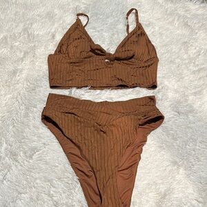 Aerie Brown Ribbed Crossover Bikini Set